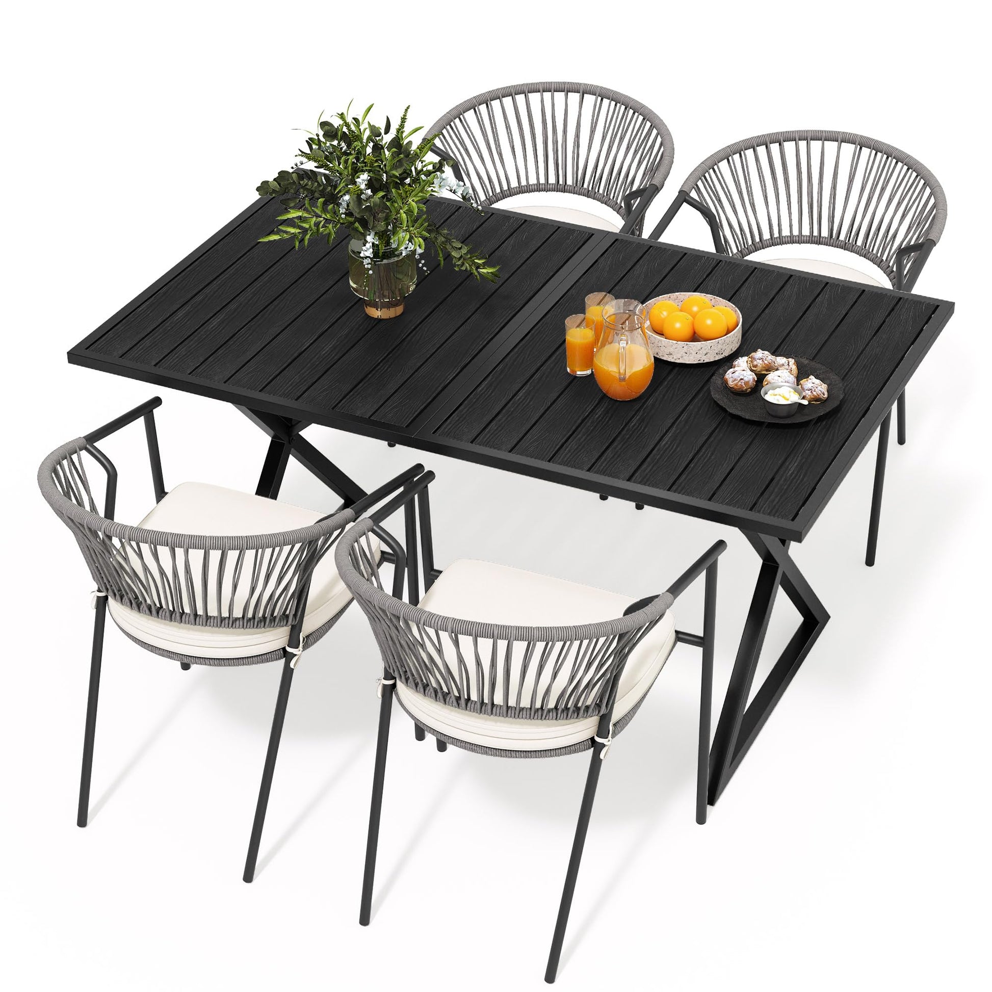 YITAHOME 5 Piece Patio Dining Set, Stackable Chairs with Comfortable Cushions, 59" Rectangle Tables with Metal Frame and Faux Wood Tabletop for Patio Balcony Porch Poolside Lawn Garden, Black - WoodArtSupply