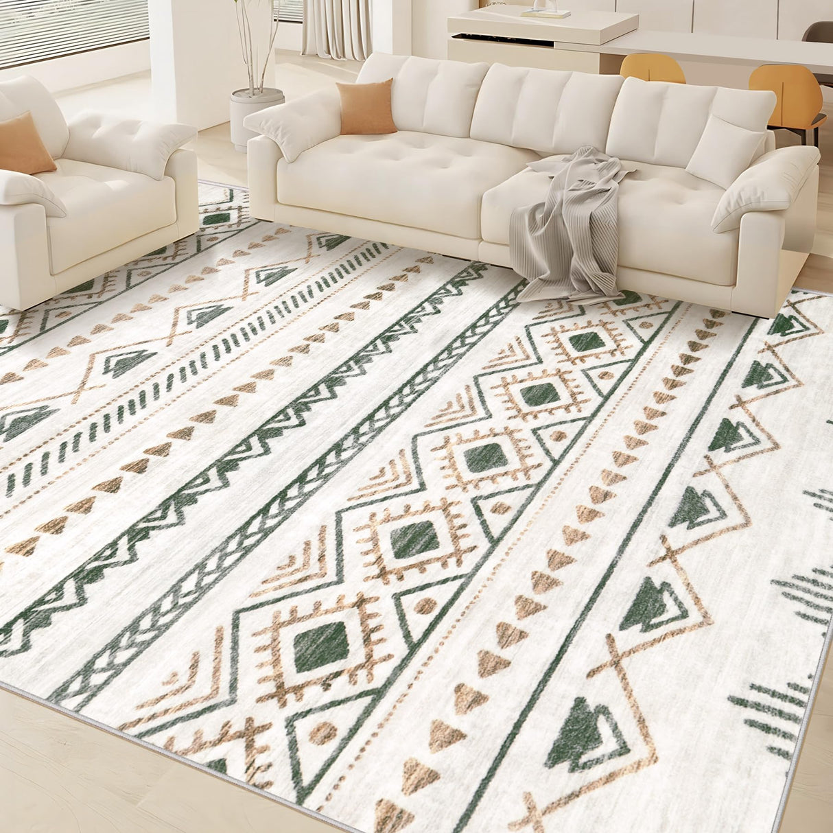 Area Rug for Living Room 9x12: Large Washable Boho Moroccan Rugs Geometric Neutral Rug, Non-Slip Foldable Morden Farmhouse Indoor Floor Carpet for Bedroom Dining Table Home(Brown Green,9'x12') Aoyaomi
