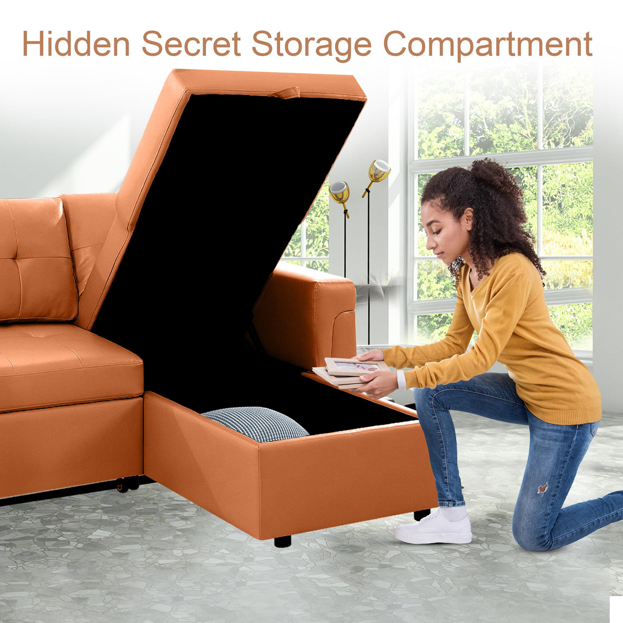 Naomi Home Transform Any Space: Sleeper Sectional Sofa with Convertible Sofa Bed & Inviting Chaise. Find Tranquil Comfort with Stress-Relieving Design & Durable Cushions - Caramel,Air Leather Naomi Home