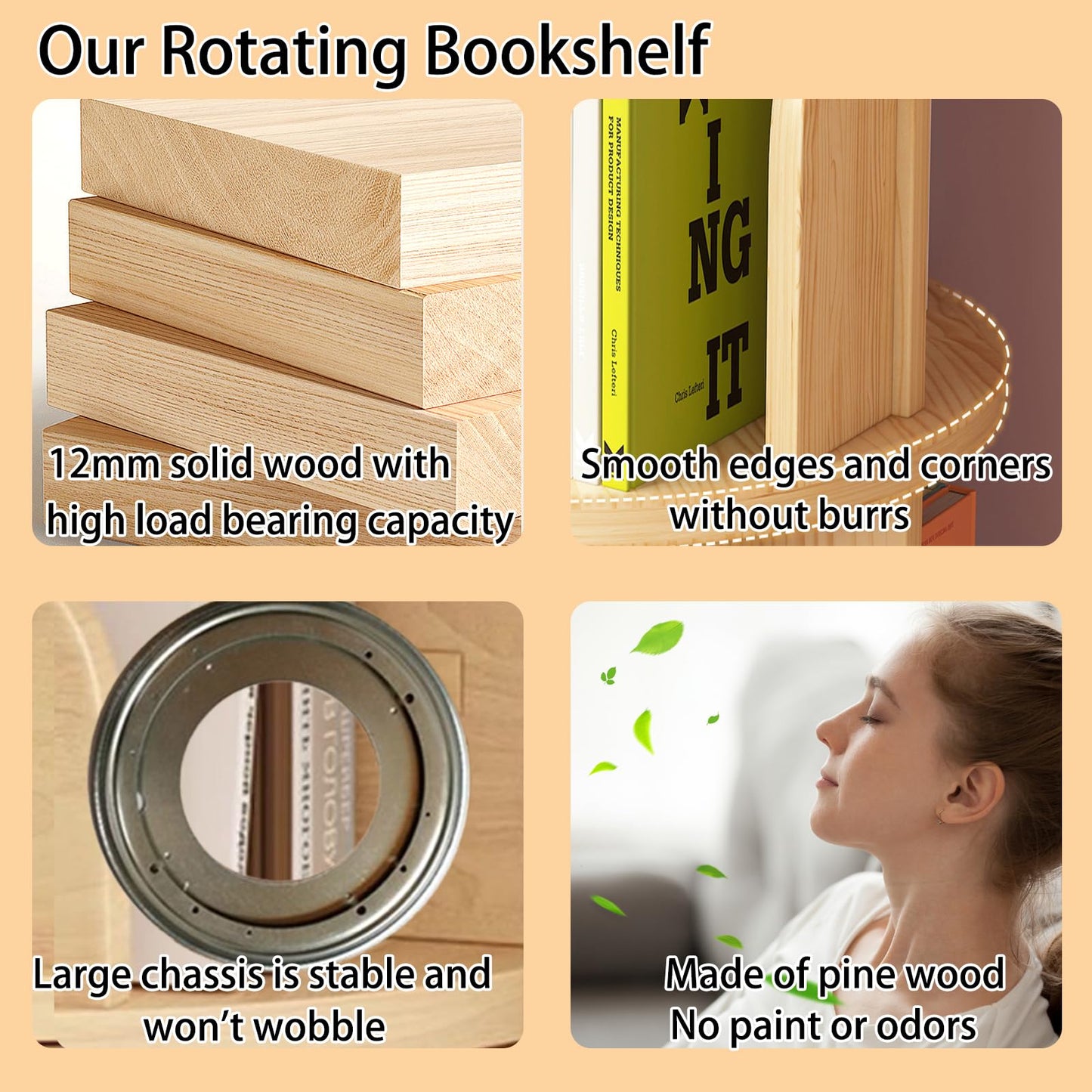 Feuusec 4-Tier Rotating Solid Wood Bookshelf Tower for Kids & Adults - Space-Saving Corner Display Bookcase - WoodArtSupply