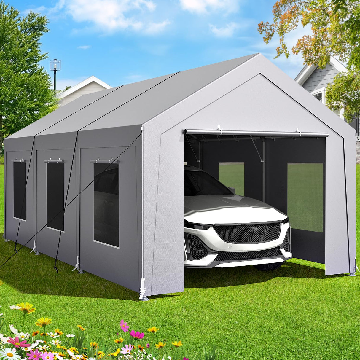 Carport 10x20 ft Heavy Duty, Car Port with Reinforced Steel Frame and 6 Roll-up Windows, Portable Garage with Sturdy Ground Nails, Waterproof All-Season Car Canopy for Boat, Truck, Grey LuxaDomus