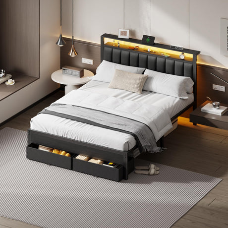 Furnulem Queen Bed Frame with Charging Station and LED Lights, Grey Upholstered Headboard with Shelves, Metal Platform Bed with 2 Under-Bed Storage (Fabric Drawer on Wheels), No Box Spring Needed Furnulem