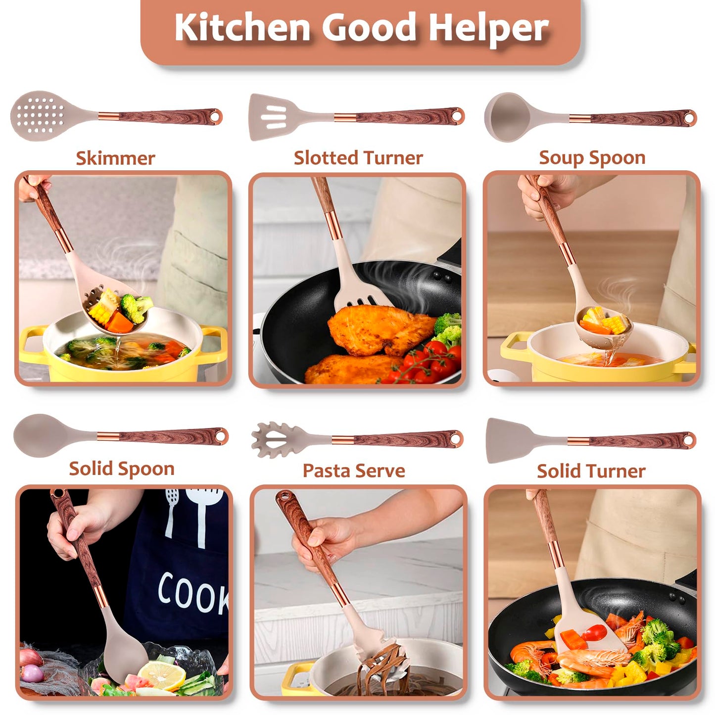 Silicone Kitchen Utensils Set with Holder- 24pcs Cooking Utensils Set, Wood Pattern Handle Silicone Utensils for Cooking with Food Safety Turner, Pasta Server, Skimmer, Ladle, Spoon, Tong, Whisk