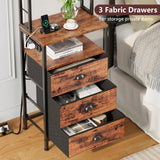 Furologee Tall Nightstand with 3 Drawers, Bedside Table with LED Lights and Charging Station, Night Stand with Pegboard and Shelves, 44'' Tall Bedside Table for Bedroom/Living Room/Dorm/Rustic Brown Furologee