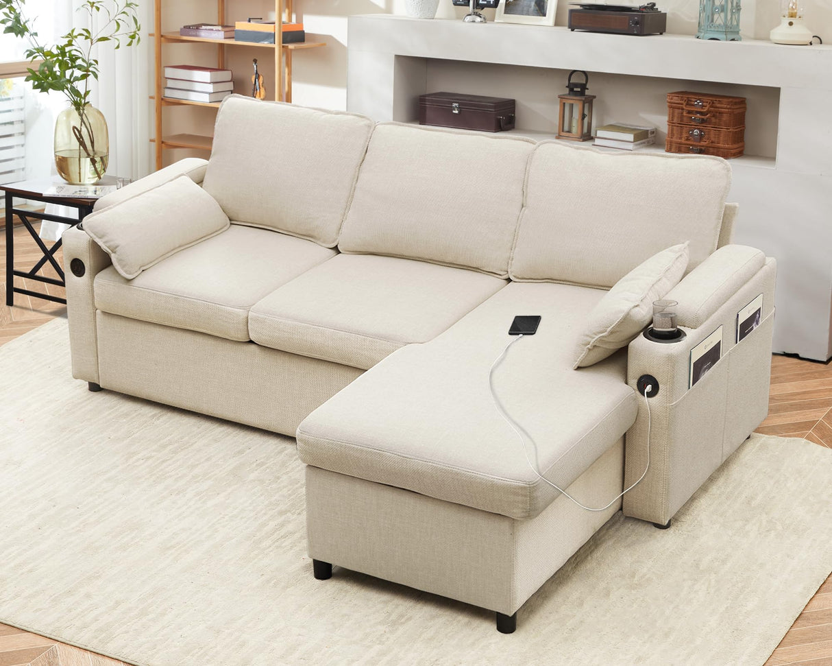 DURASPACE Sofa Bed Sleeper Pull Out 2 in 1 Sectional Sleeper Sofa Couches with Storage,USB, Cup Holder,Pullout Sectional Couches for Apartment Living Room (Beige) DURASPACE