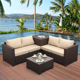 Patio PE Wicker Furniture Set 4 Pieces Outdoor Brown Rattan Sectional Conversation Sofa Chair with Storage Box Table and Khaki Cushions Valita