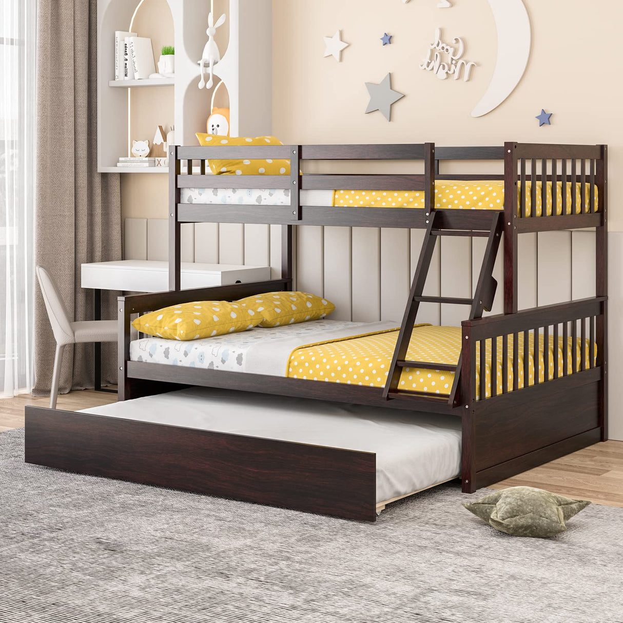 Giantex Twin Over Full Bunk Bed with Trundle, Convertible Platform Bed Frame with Ladder, Solid Wood Frame & Safety Guardrails, Space-Saving Bunk Bed for Teens & Kids, No Box Spring Needed, Espresso Giantex