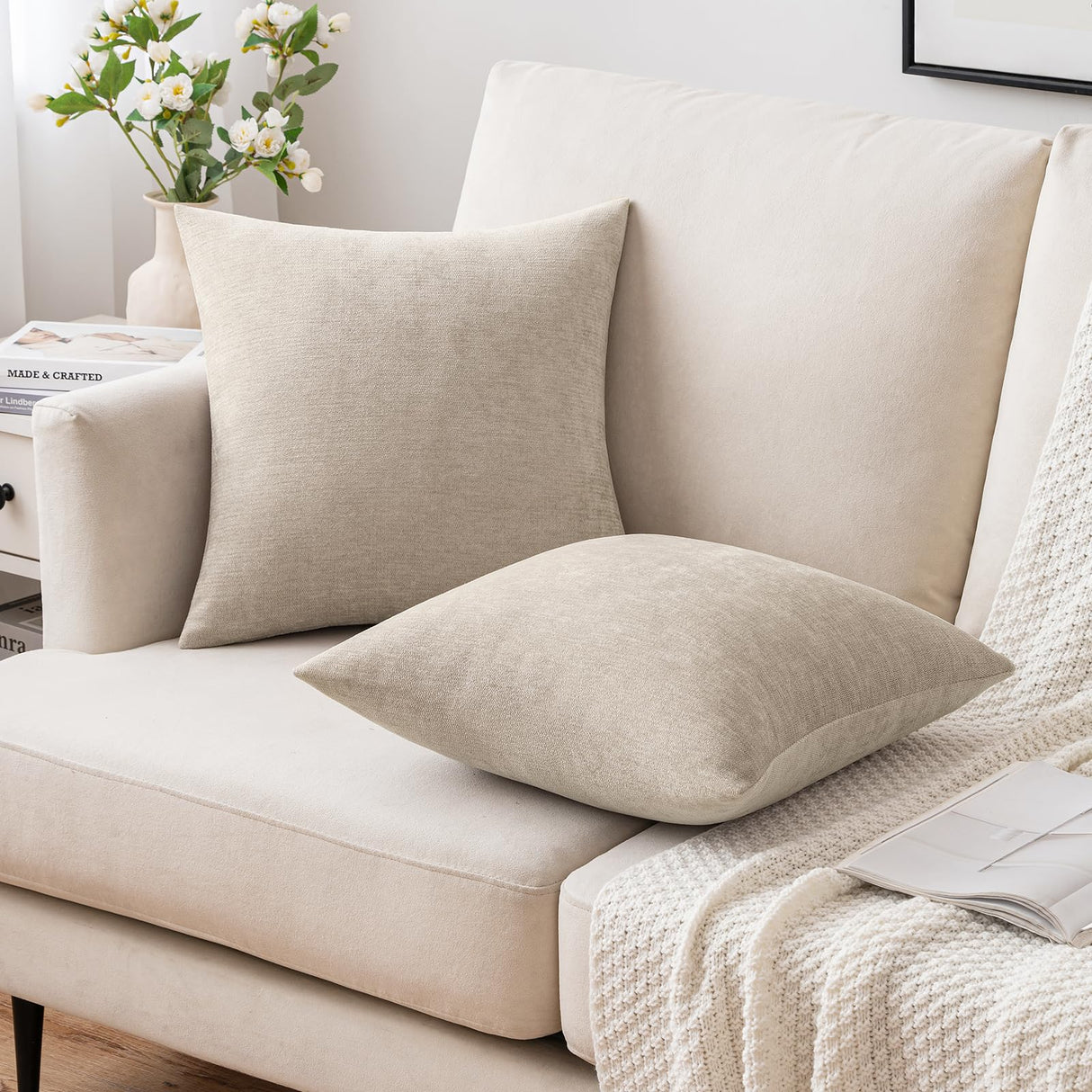MIULEE Pack of 2 Beige Decorative Pillow Covers 18x18 Inch Soft Chenille Couch Throw Pillows Farmhouse Cushion Covers for Home Decor Sofa Bedroom Living Room MIULEE