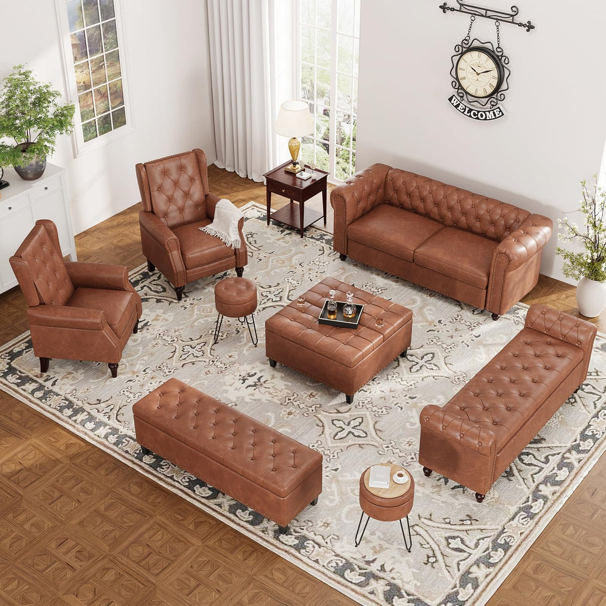 FiveWillowise 72 Inch Brown Couch, Chesterfield Faux Leather Sofa with Wooden Legs, Vintage Tufted Sofa with Rolled Arms, Mid Century Modern Couch with Rivets for Living Room, Apartment, Office FiveWillowise