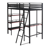 X Rocker Fortress Video Gaming Twin Loft Bed, Durable Black Metal Bed Frame, Built-in Desk and 3 Shelves, 77.64" x 59.17" x 72.05" X Rocker