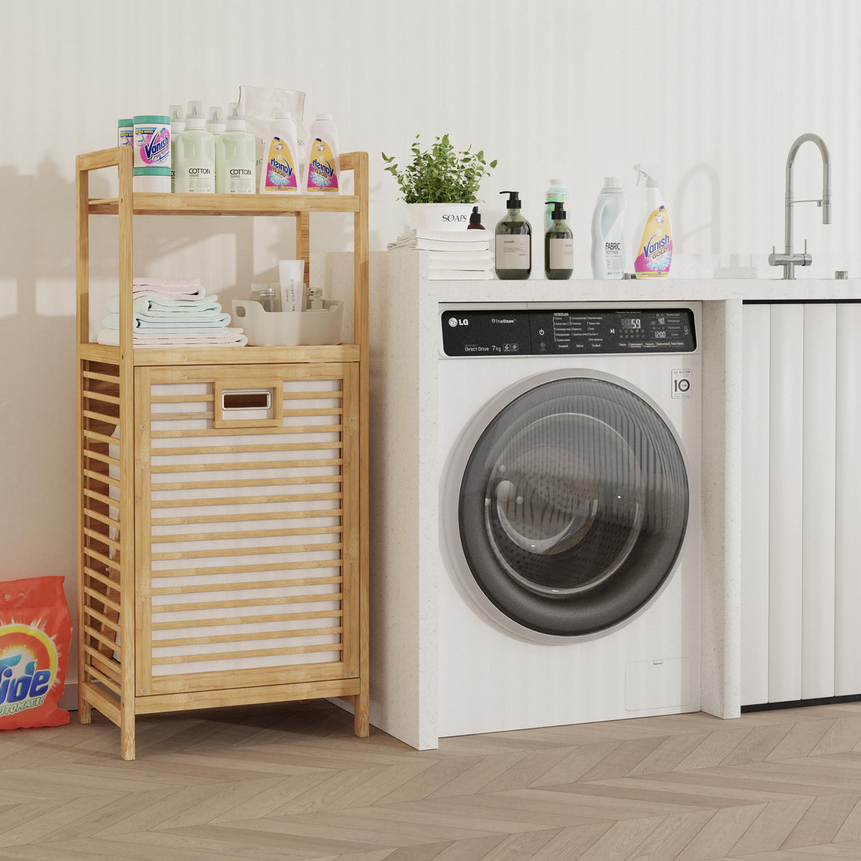 Lkeiyay Laundry Hamper Tilt-Out Laundry Linen Hamper Bamboo, 2 storage shelves and Removable Lining for Bedroom,Laundry Room,bathroom storage cabinet Lkeiyay