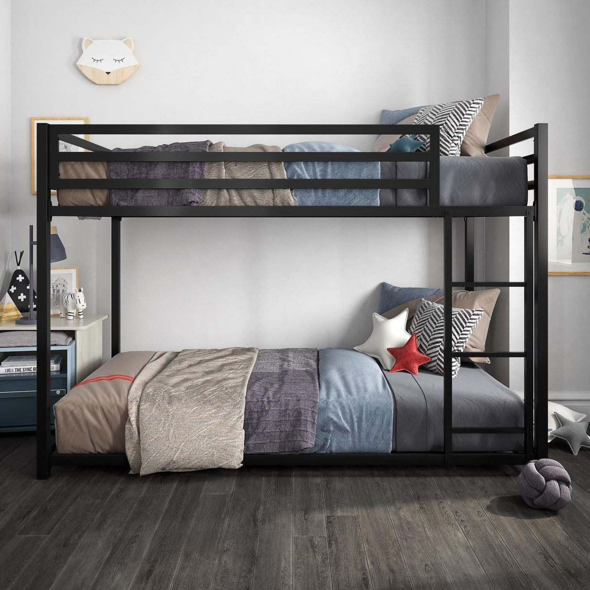 DHP Miles Low Metal Bunk Bed Frame for Kids, With Built-in Ladder, High Guardrail and Metal Slats, Floor Bed Bottom Bunk, No Boxspring Required, For Small Spaces, Twin-Over-Twin, Black DHP