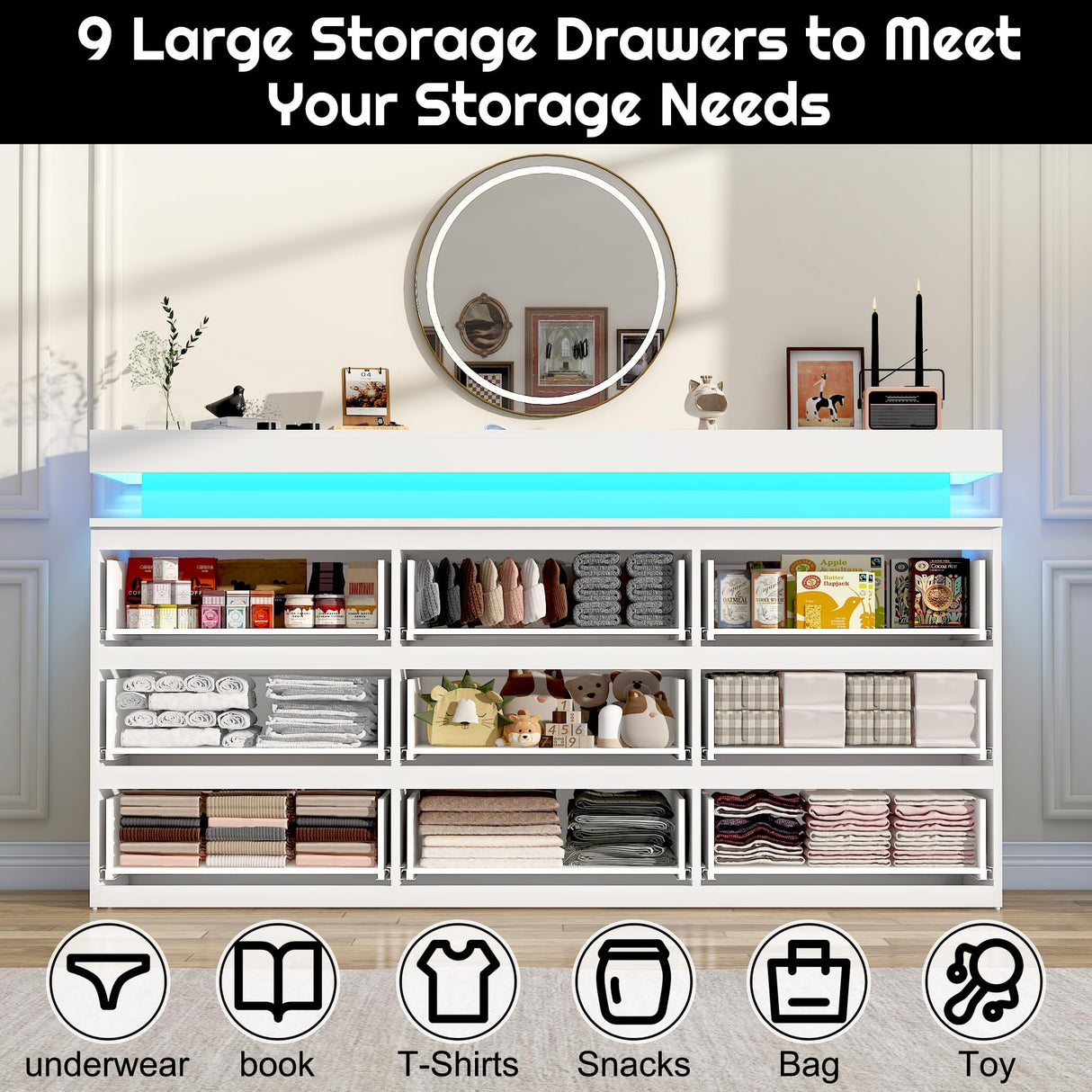 chartustriable 9 Drawer Dresser for Bedroom, White Dresser with LED Lights, Modern Chest of Drawers for Closet, 63" Wide Drawers Organizer Cabinet for Living Room, Entryway, Hallway, White chartustriable