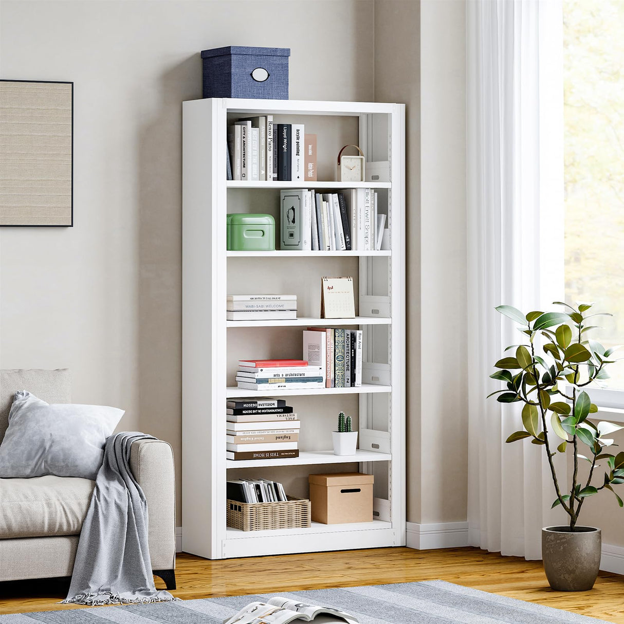 Modern 6-Tier Metal Book Shelf Storage Organiser - 77'' White Tall Bookcase for Living Room, Bedroom & Office ALJKF