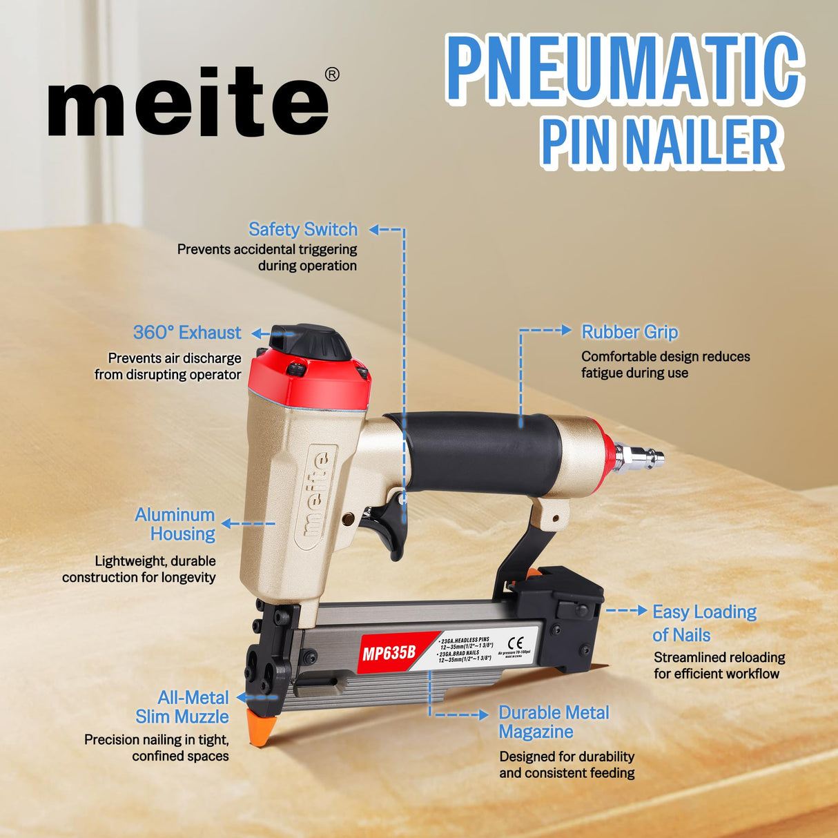 meite MP635B Pin Nailer, Pneumatic 23 Gauge Pin Nailer, Air Micro Pin Nail Gun, Fits 1/2" to 1-3/8" 23 Gauge Pin Nails, Ideal for Paneling, Small Trim, Fine Molding, and Craft Work meite