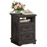 LIKIMIO Farmhouse Nightstand with Storage Drawers and Open Shelf, Small End Tables Living Room, Rustic Wood Side Tables for Bedroom, Roman Column Design, Charcoal Grey LIKIMIO