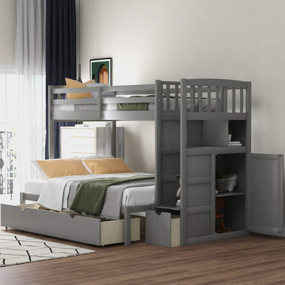 Ibraccieni Twin Bunk Bed - Twin Over Full Bed with Storage Stairway & Shelves, Drawers and Cabinet Door, Wooden Convertible Bottom Bed for Bedroom Dormitory Apartment or Guest Room, Grey