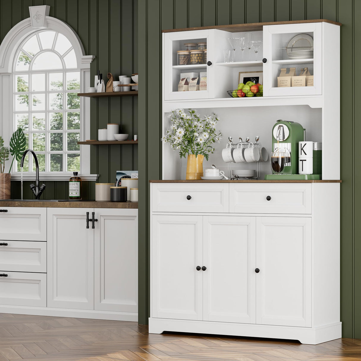 FACBOTALL Kitchen Pantry Storage Cabinet, Freestanding Hutch Cabinet with Buffet Cupboard, Utility Pantry with Microwave Stand,Tall Kitchen Cabinets with Adjustable Shelves for Kitchen FACBOTALL