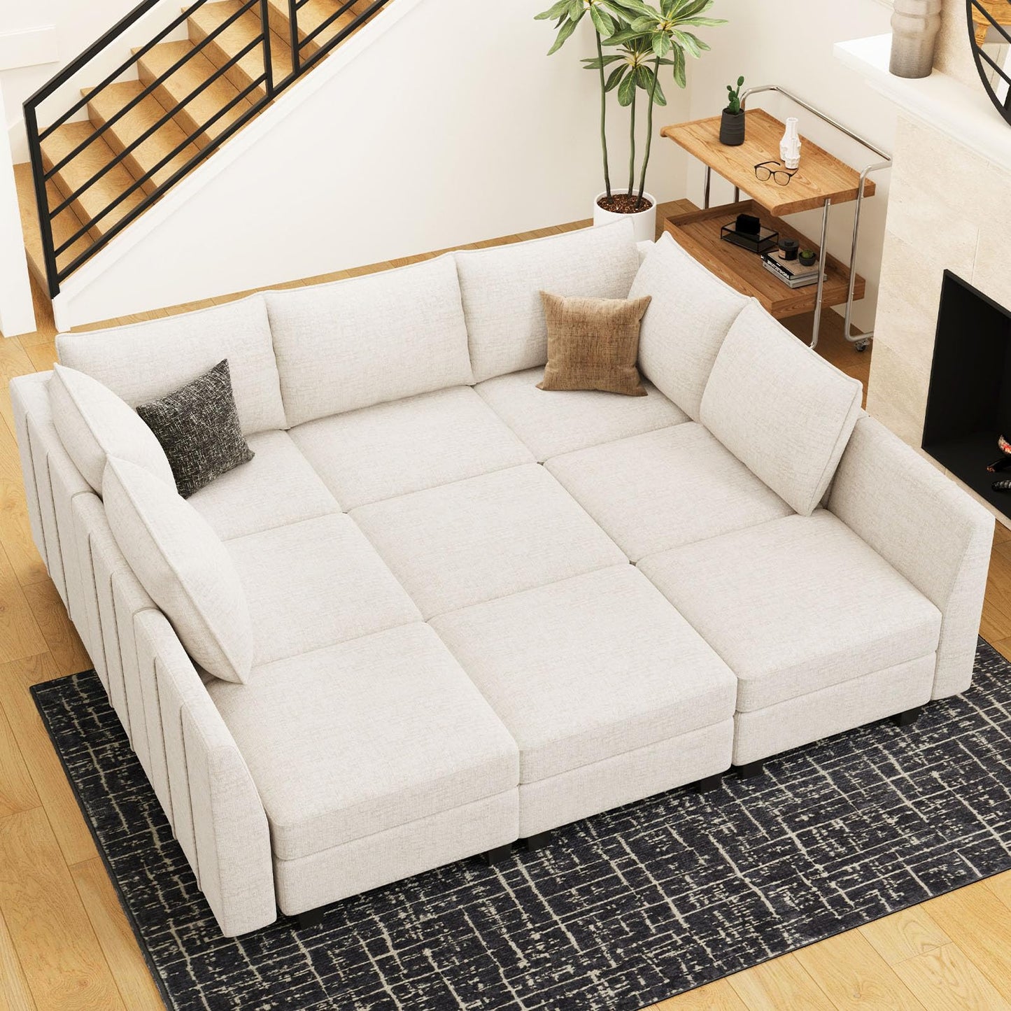 Belffin Large Modular Sectional Sofa Sleeper Sectional Couch with Storage Chenille Sectional Sofa Bed for Living Room, 9 Seats, Beige