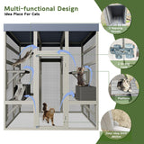 70" Large Catio Outdoor Cat Enclosure, Wood Cat House with Waterproof Roof, Walk in Cats Shelter with 7 Jumping Platform & 2 Napping Resting Box, Gray Curtainboro