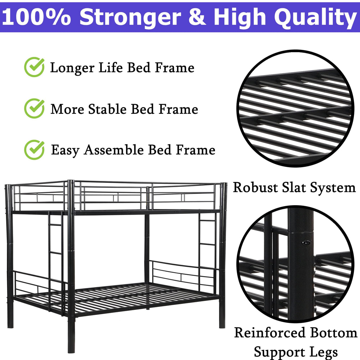 FUSVZ Metal Full Over Full Bunk Bed for Adults, Kids & Teens | Heavy Duty Convertible Bunk Bed with Sturdy Guard Rails & Dual Side Ladders | Space-Saving Durable Metal Frame | Weight Capacity 600LBS FUSVZ