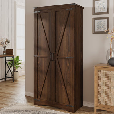Befrases 72" H Farmhouse Storage Cabinet with Adjustable Shelves, Large Pantry Organize with 2 Barn Doors, Tall Freestanding Cabinet for Kitchen, Bathroom/Garage/Basement/Living/Utility Room, Brown