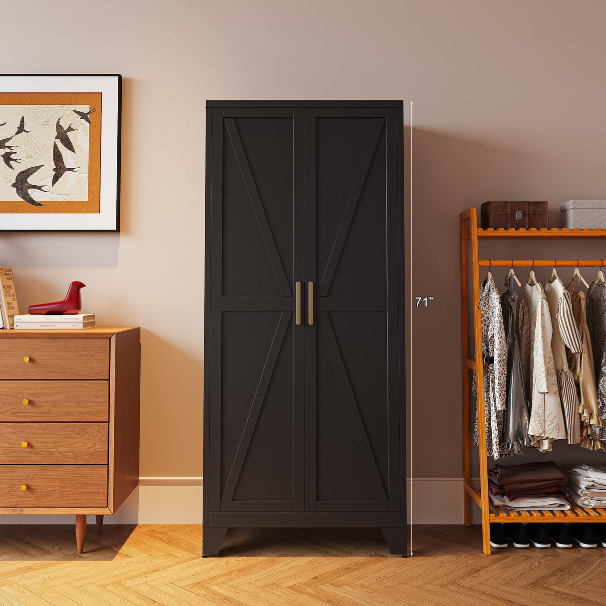 Washsemba 71'' Farmhouse Metal Storage Cabinet with Barn Doors,Steel File Cabinet for Home Office,Kitchen Pantry 4 Adjustable Shelves,Freestanding Cupboard for Kitchen,Home Office (Black) Washsemba