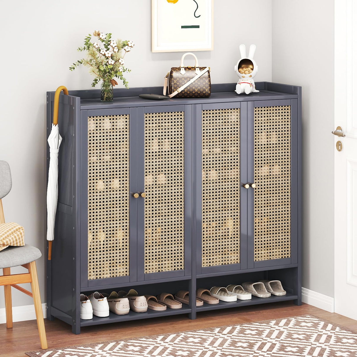 sasygfi Bamboo Shoe Storage Cabinet with Doors, 8 Tier Freestanding Shoes Heels Sneakers Shoe Rack Shelf for 36-40 Pairs, Entryway Shoe Cabinet with Drawers for Hallway Living Room (Grey, 8th floor) sasygfi