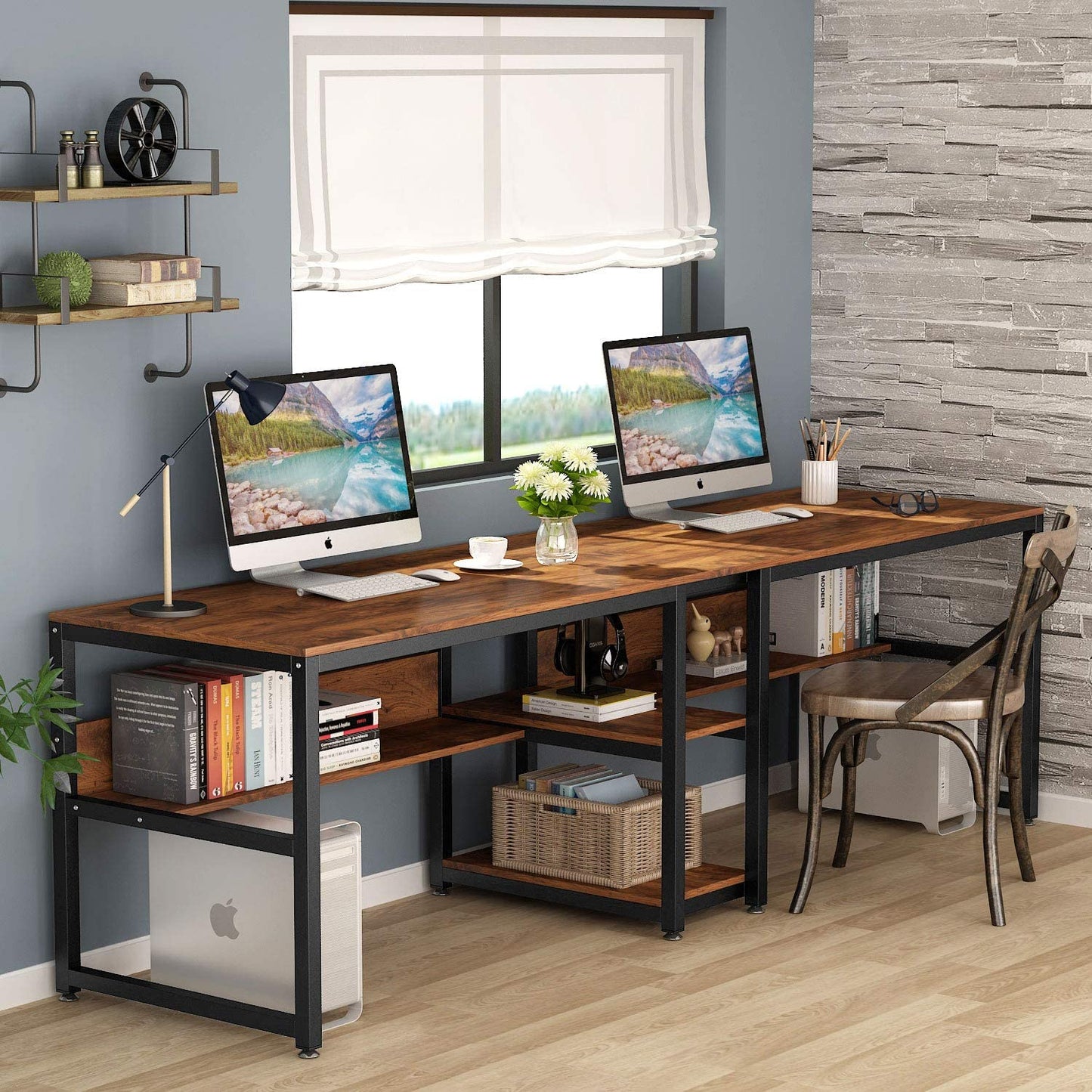 Tribesigns Rustic Brown Two-Person Double Desk with Bookshelf for Home Office - WoodArtSupply