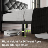 Feonase Twin Bed Frame, Upholstered Platform Bed Frame with Heavy-Duty Steel Slats, Diamond Tufted Headboard, 12" Storage Space, No Box Spring Needed, Noise Free, Easy Assembly, Black Feonase