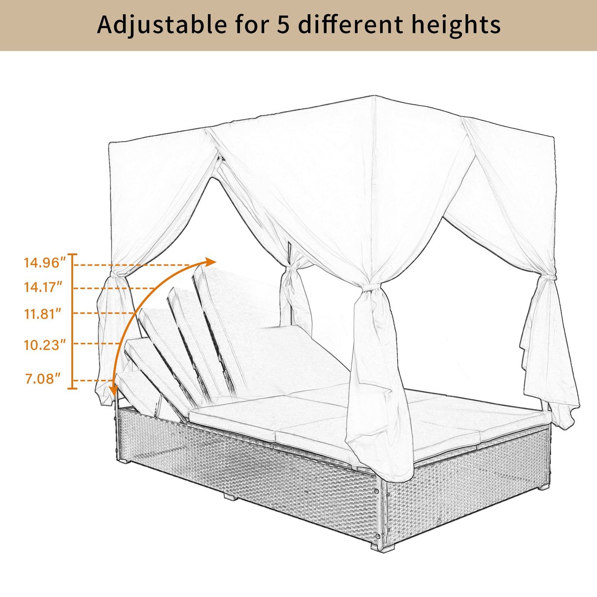 Patio Chaise Lounge, PE Rattan Outdoor Patio Wicker Sunbed Daybed with Adjustable Seats, Four-Sided Canopy, Overhead Curtain and Beige Cushions for Backyard, Garden, Poolside (for 2-6 People) Harper & Bright Designs