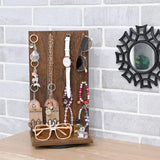 Ikee Design Wooden Rotating Two-Sided Jewelry Display Stand, Rotating Organizer with 32 Hooks for Store, Earring Keychain Display with Hooks, Brown color, 9 W x 7.5 D x 16.5 H in Ikee Design