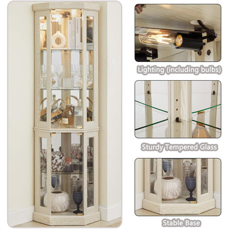 XZTUAJ Corner Curio Cabinet Display Case with Light, 69" H Glass Display Cabinet, Display Showcase Case Storage with Tempered Glass Door & Adjustable Glass Shelves for Living Room (Antique White) XZTUAJ