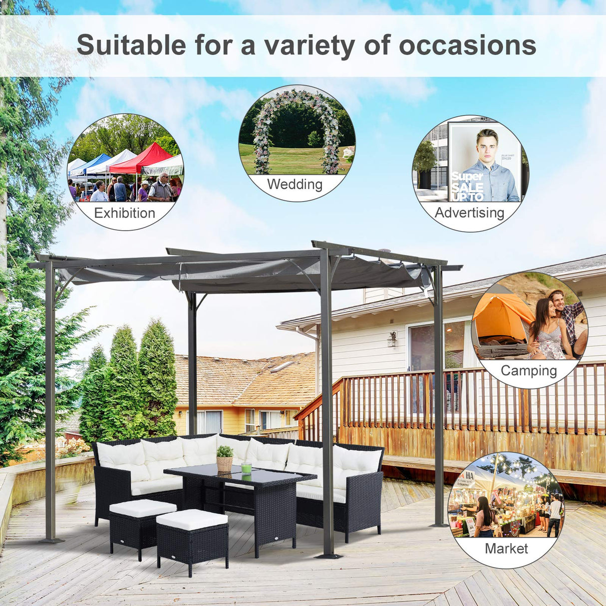 Outsunny 10' x 10' Outdoor Retractable Pergola Canopy, Metal Patio Shade Shelter for Backyard, Porch Party, Garden, Grill Gazebo, Gray Outsunny