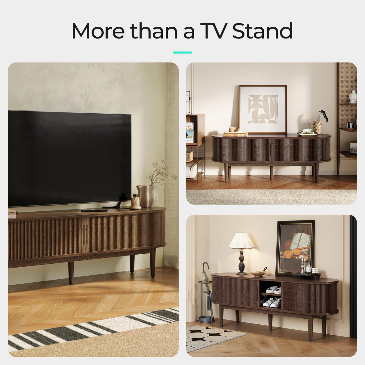 LINSY HOME TV Stand for 65" TV, Mid-Century Modern 58" Entertainment Center with Sliding Tambour Door and Storage Cabinet, Cruved TV Media Console Table for Living Room, Bedroom, Walnut LINSY HOME