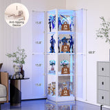Corner Display Cabinet with Glass Doors, 68" Display Case with LED Lights, 4-TierCurio Cabinets for Collectibles/Toys/Books, Mirrored Storage Cabinet, White Dystler
