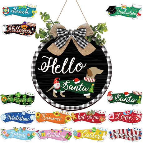 Glenmal 16 Pcs Seasonal Dachshund Door Decor for All Season and Holiday Hanging Cute Christmas Dachshund Welcome Sign Rustic Wooden Farmhouse Front Door Signs Outdoor(Black with Plaid Frame) Glenmal