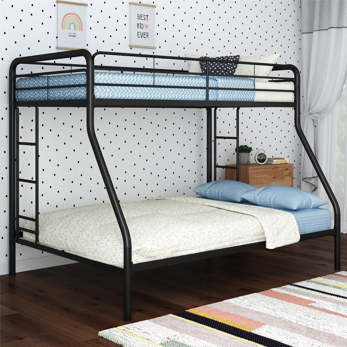 DHP Dusty Metal Bunk Bed Frame for Kids, Teens, and Adults, With Angled Ladder, High Full Length Guardrail, Smooth Rounded Edges, No Boxspring Required, For Small Spaces, Twin-Over-Full, Black DHP