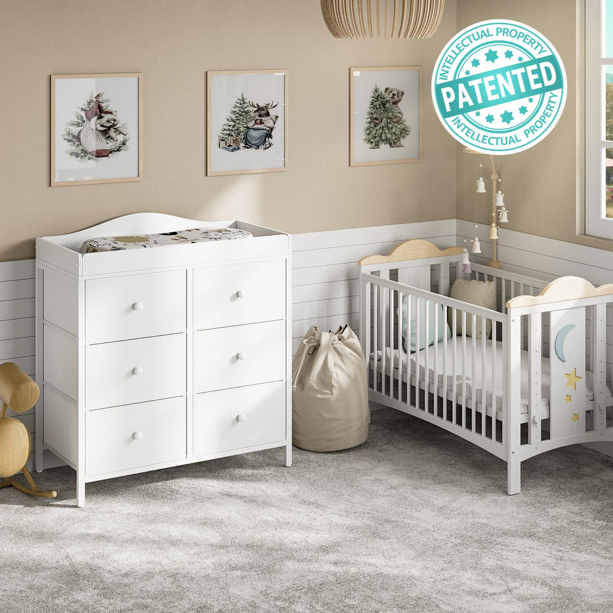 BOLUO Changing Table Dresser with 6 Fabric Drawers, Baby Dresser with Changing Table Top Diaper Changing Station with Storage for Nursery Modern BOLUO