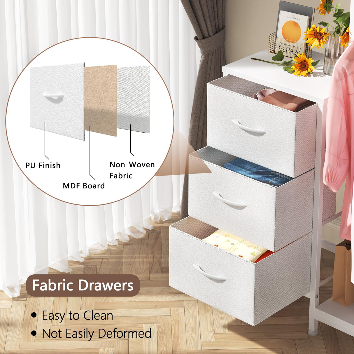 AFLUI Dresser for Bedroom with Hanging Rack, 3 Drawers Dresser for Bedroom - White AFLUI