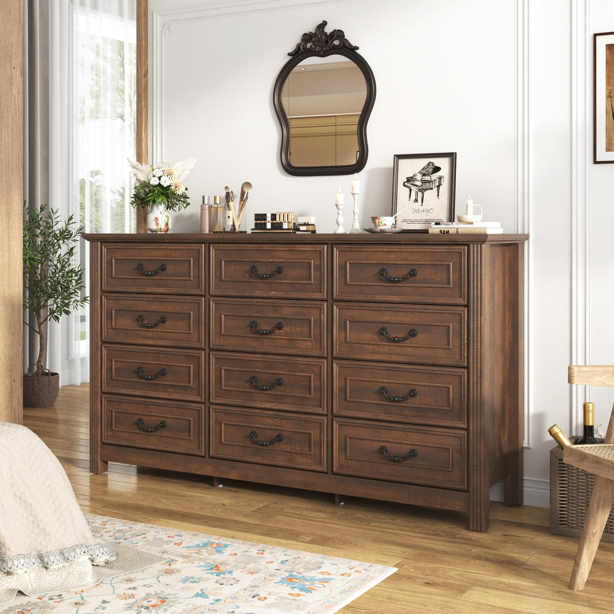 chartustriable Farmhouse 12 Drawer Dresser for Bedroom, 63” Wood Dresser & Chest of Drawers with Rustic Handles, Wide Closet Dresser Organizer, Living Room, Hallway, Bedroom Furniture, Rustic Brown chartustriable