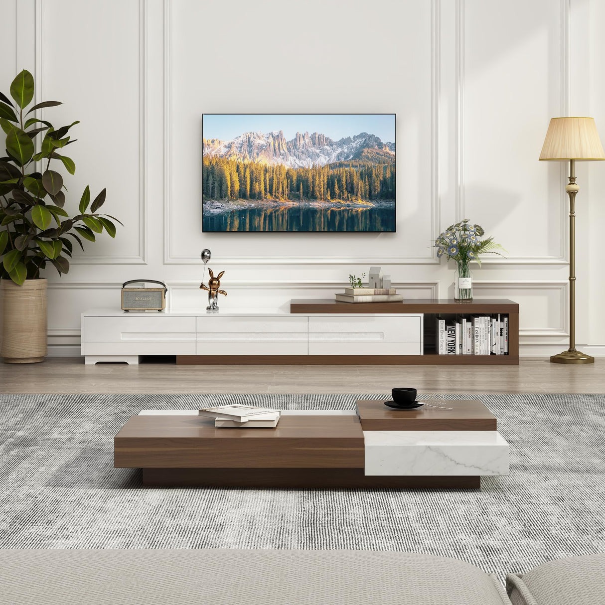 Hlivelood Extendable TV Stand, Modern Entertainment Center for Up to 120 Inch TV, Wood Reversible TV Media Console with 3 Drawers for Living Room Bedroom, 82-110" Hlivelood