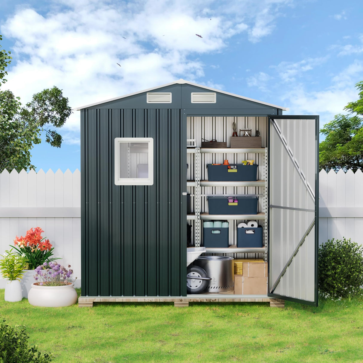 MistMo 6X4X6.5 FT Compact Vertical Outdoor Steel Storage Shed with Lockable Doors, Ideal for Garden, Backyard, and Patio Utility and Small Tool Storage,Bike Shed, Garbage Can, Chicken Coop Mistmo