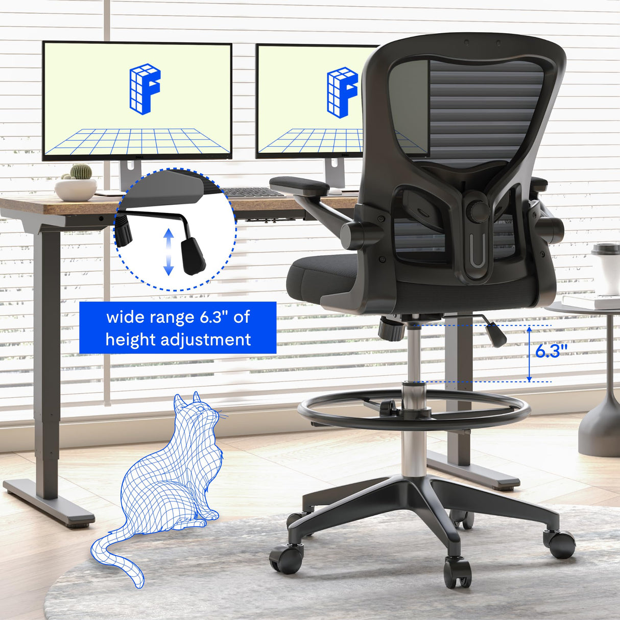 FLEXISPOT Drafting Chair Tall Office Chair with 2D Lumbar,3D Flip-up Armrest,Standing Desk Chair with Breathable Mesh & Adjustable Foot Ring BIFMA Certified for Home Office,Drawing,Guitar(Black) FLEXISPOT