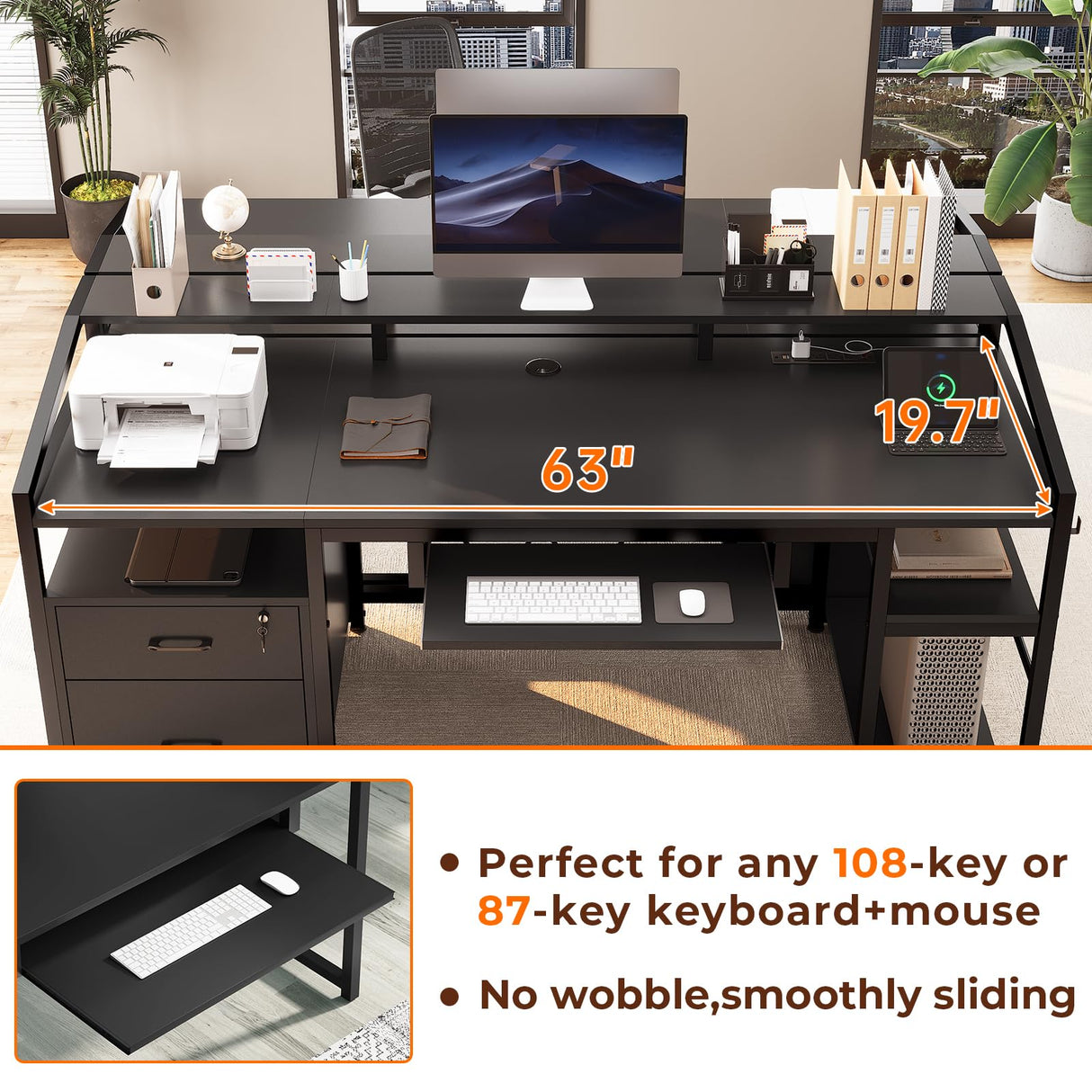SEDETA 63" Computer Desk, Office Desk with Lockable Drawers for Legal/Letter File, Gaming Desk with LED Lights & Power Outlet, Home Office Desks with Storage, Black SEDETA