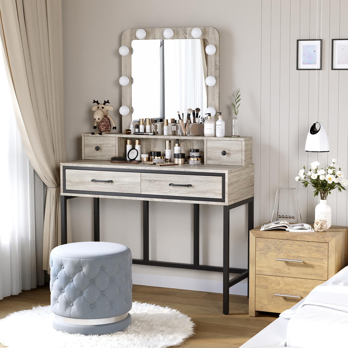 RoyalCraft Vanity, Makeup Vanity Desk with 3 Color Dimmable Lighted Hollywood Mirror, Grey Vanity with 4 Drawers, Large Dressing Table for Women RoyalCraft