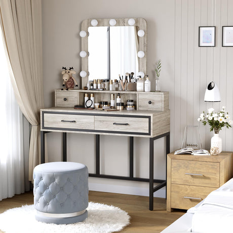 RoyalCraft Vanity, Makeup Vanity Desk with 3 Color Dimmable Lighted Hollywood Mirror, Grey Vanity with 4 Drawers, Large Dressing Table for Women RoyalCraft