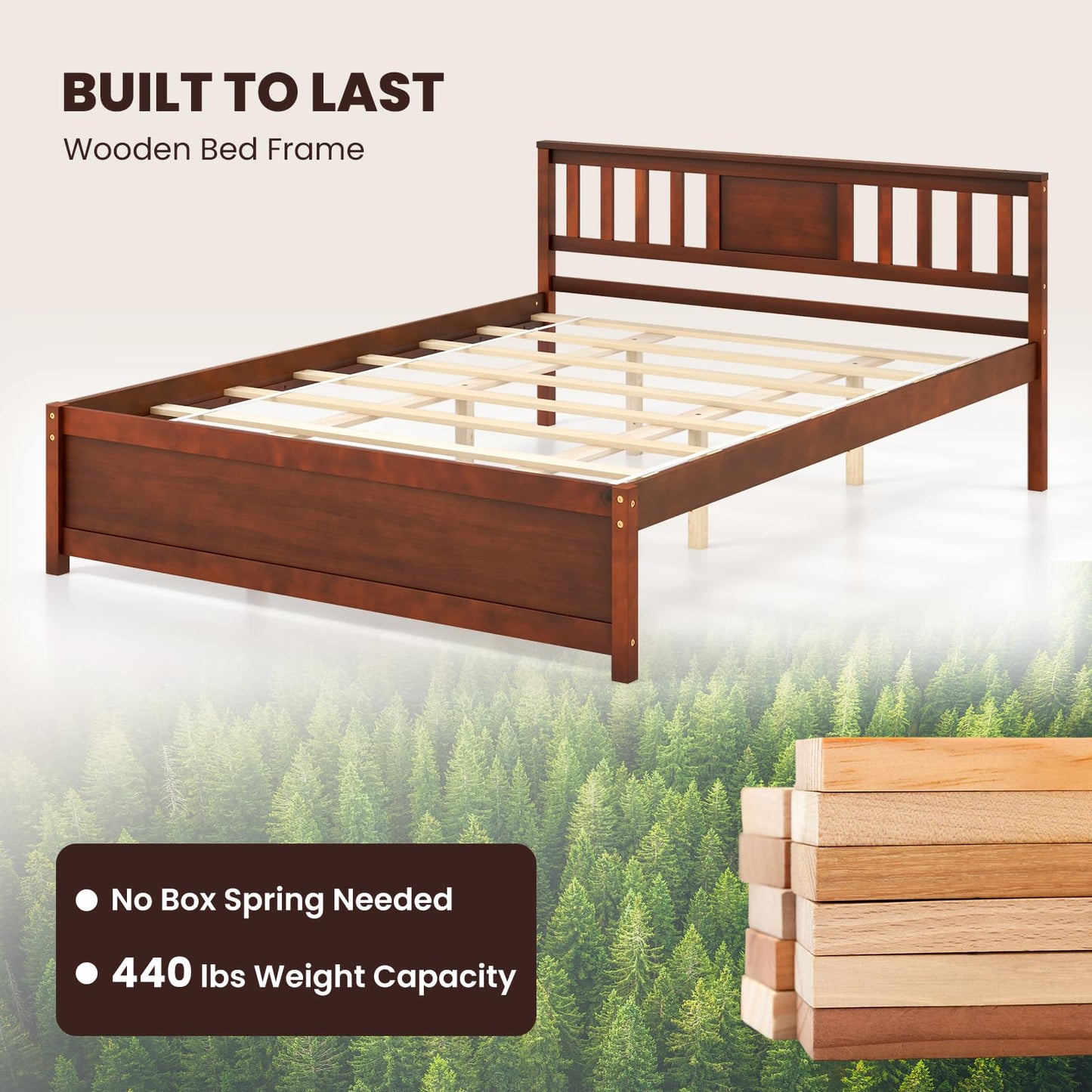 Giantex Mid Century Walnut Queen Size Solid Wood Platform Bed Frame with Headboard and Slat Support - WoodArtSupply