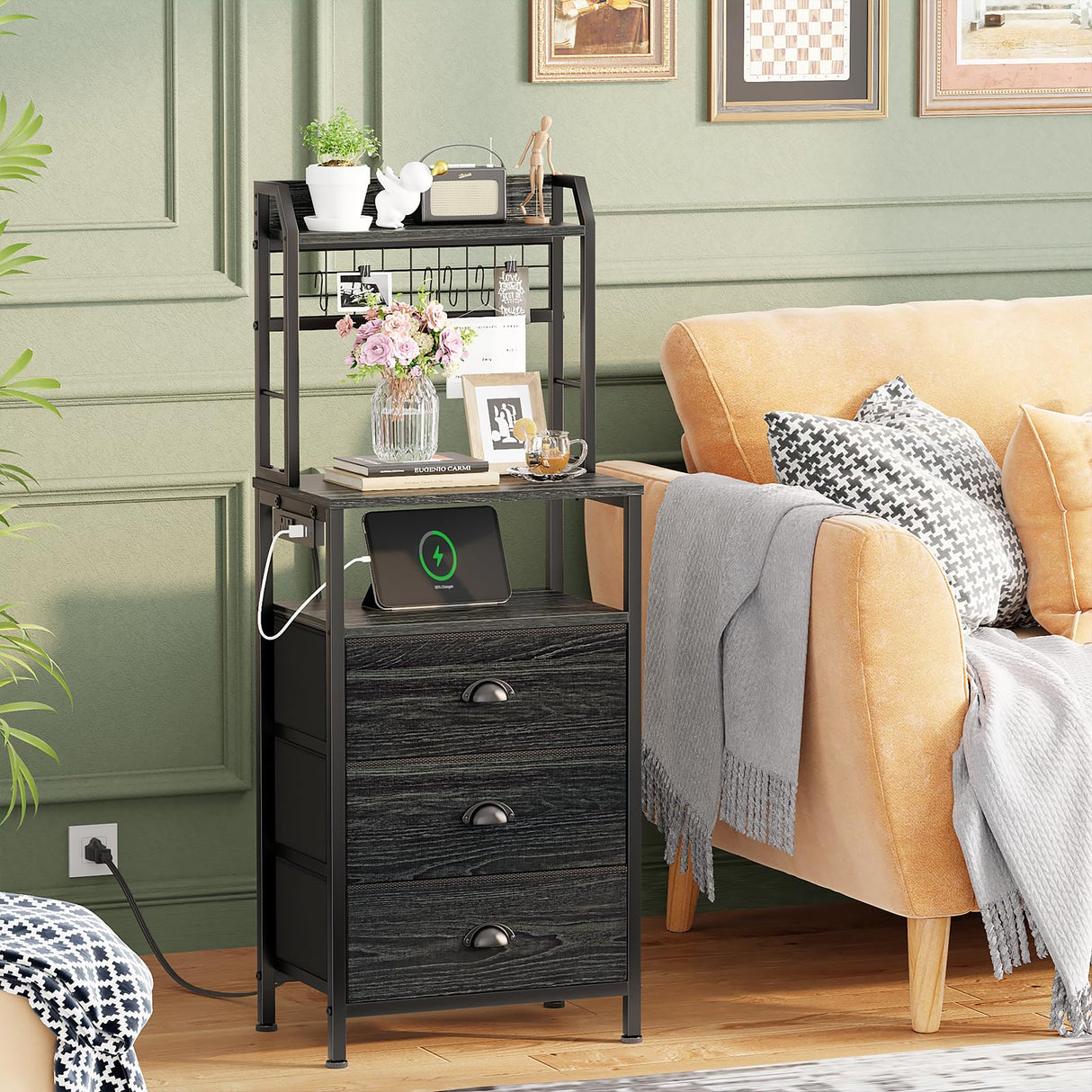 Furologee 44'' Tall Nightstand with Charging Station, Bedside Table with LED Lights, End Table with 3 Drawers and Storage Shelves, Night Stand with Pegboard for Bedroom, Black Oak Furologee