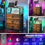 3 Drawer Wood and Metal Nightstand with LED Lights - 16"W×12"D×24"H Small Wood End Table with Charging Station, 20 Colors LED Bedside Table with Open Shelf, 3 Fabric Drawers with Wooden Front Panel Caredear